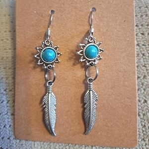 Lovely Silver Tone Feather Earrings Accented With Turquoise Sunburst Connectors